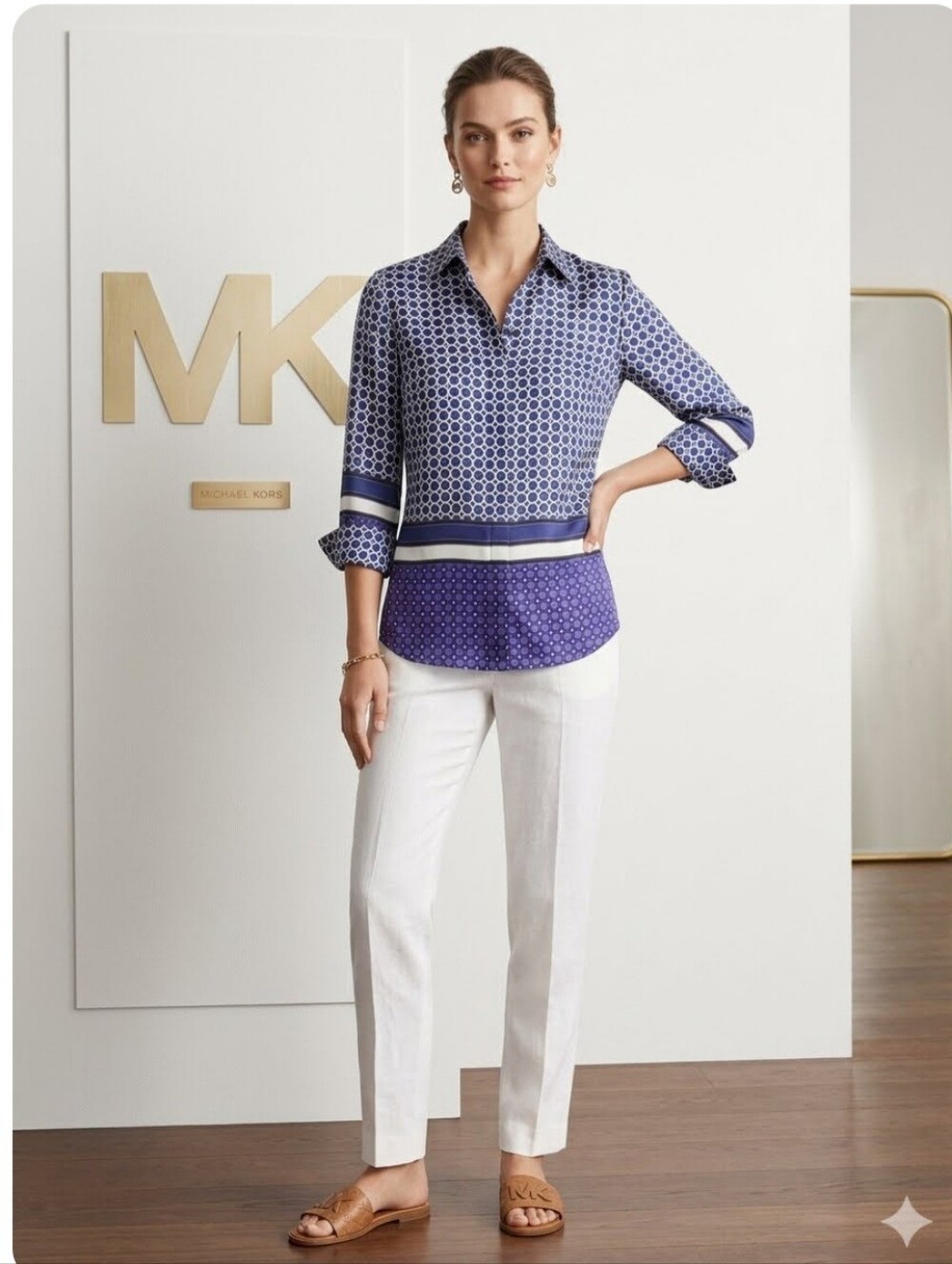 Michael Kors Blue and White Mixed-Print Button-Down Shirt